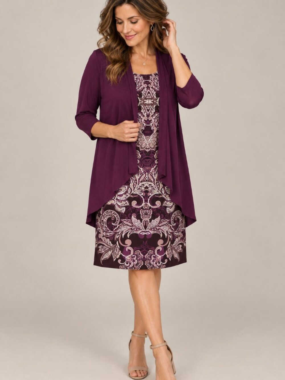 R&M Richards Womens 10 Dress Cardigan Set Purple Paisley 2 Piece Wedding Guest